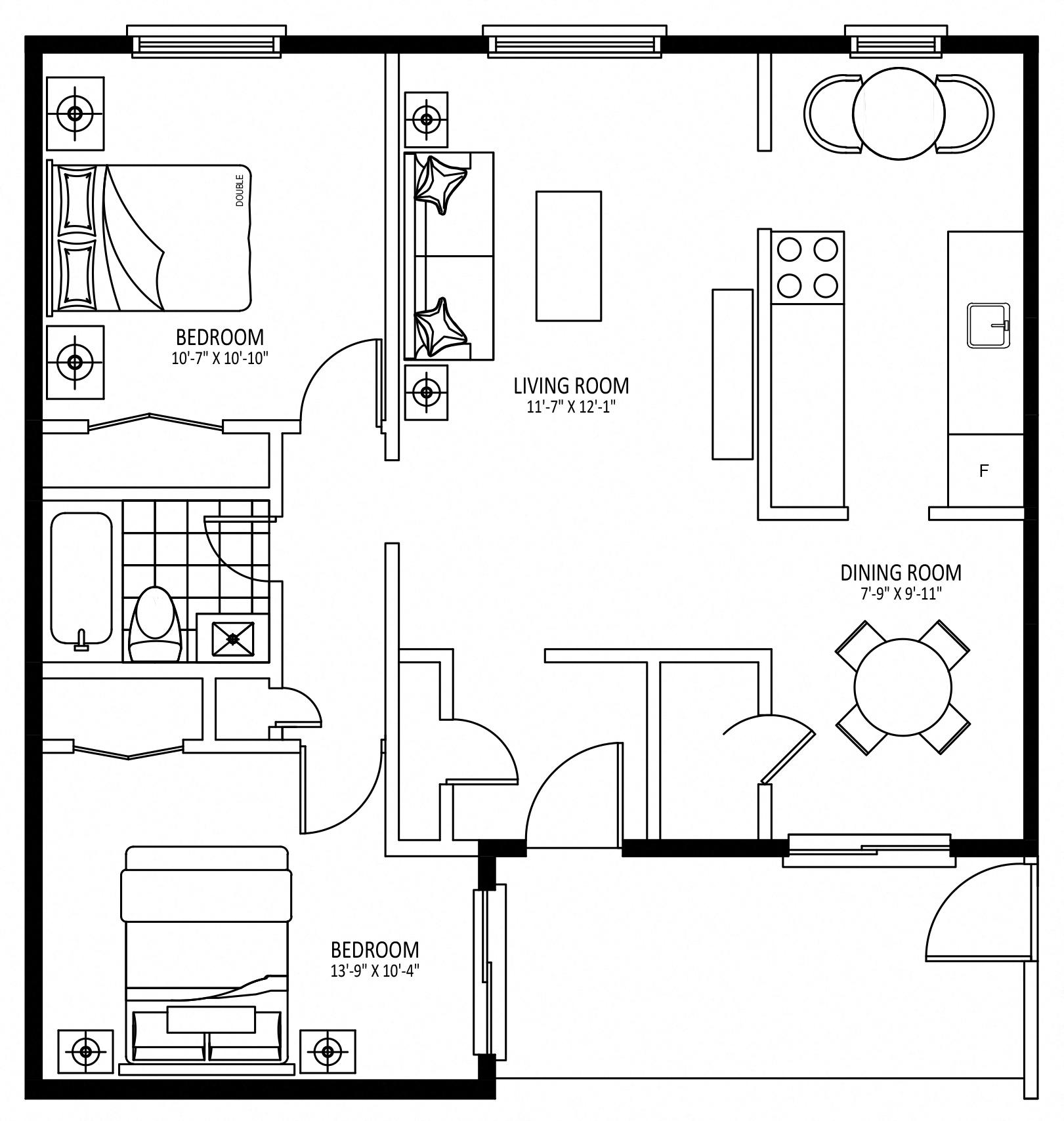 Floor plan for 2 beds, 1 bath, 896 sqft